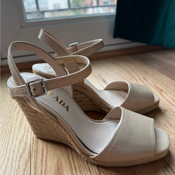 Prada Shoes - Prada Patent Leather Nude Espadrille Wedge Sandals Size 36.5 US 6.5